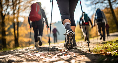 people hiking on a trail with trekking poles in autumn surrounded by trees and golden leaves exploring five hiking trails